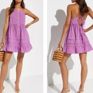 Free People Desert Days Mini Dress Large Halter Tie Back Tiered Button